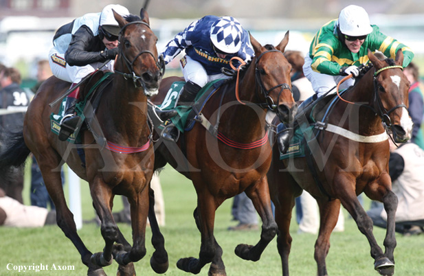 Bouggler landing the Grade 2 Mersey Novices' Hurdle at Aintree